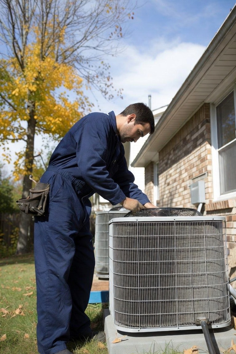 Technician working on one of two side-by-side outdoor units